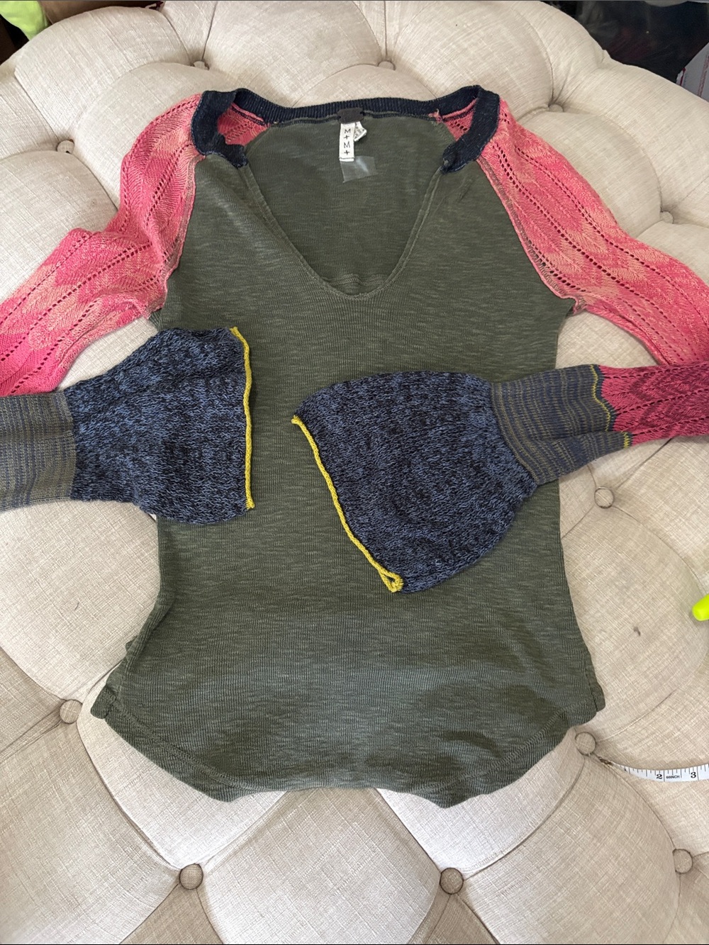 We The Free Olive Green Tank Top with Pink and Navy Contrast Sleeves